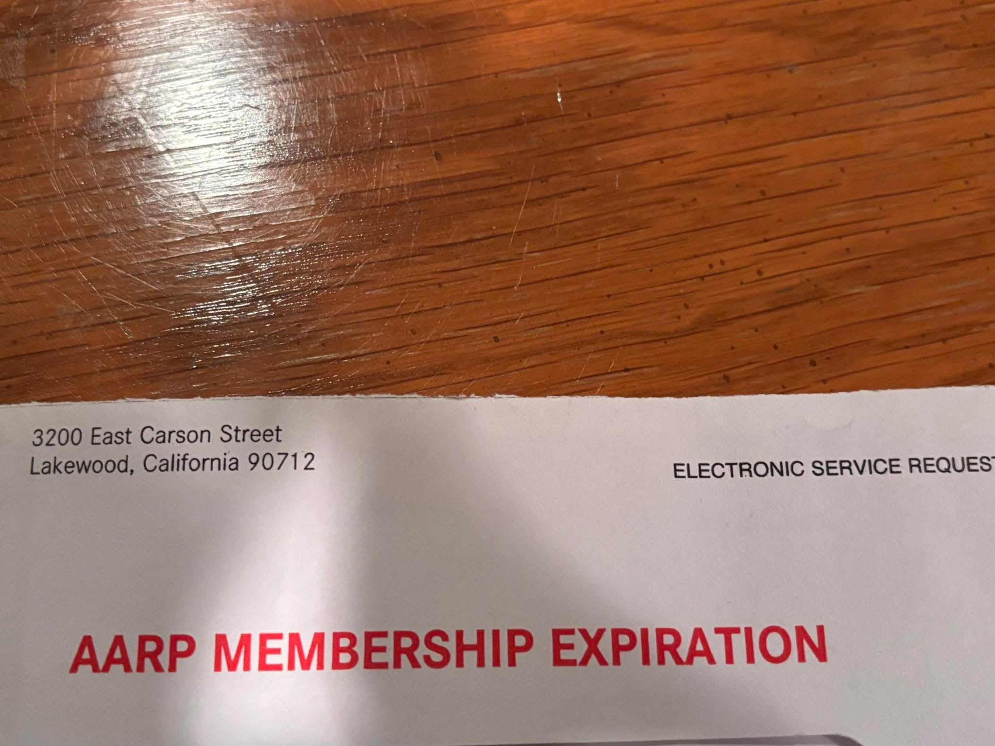 AARP envelope with the words membership expiration
