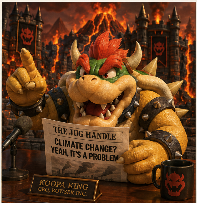 Satirical illustration of Bowser delivering a climate editorial in front of a burning castle