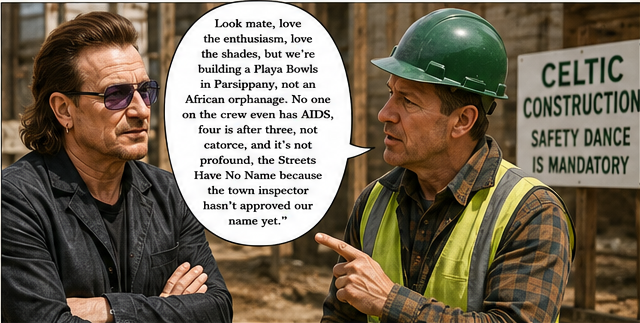 Satirical illustration of the Celtic Construction founder speaking to Bono on a construction site