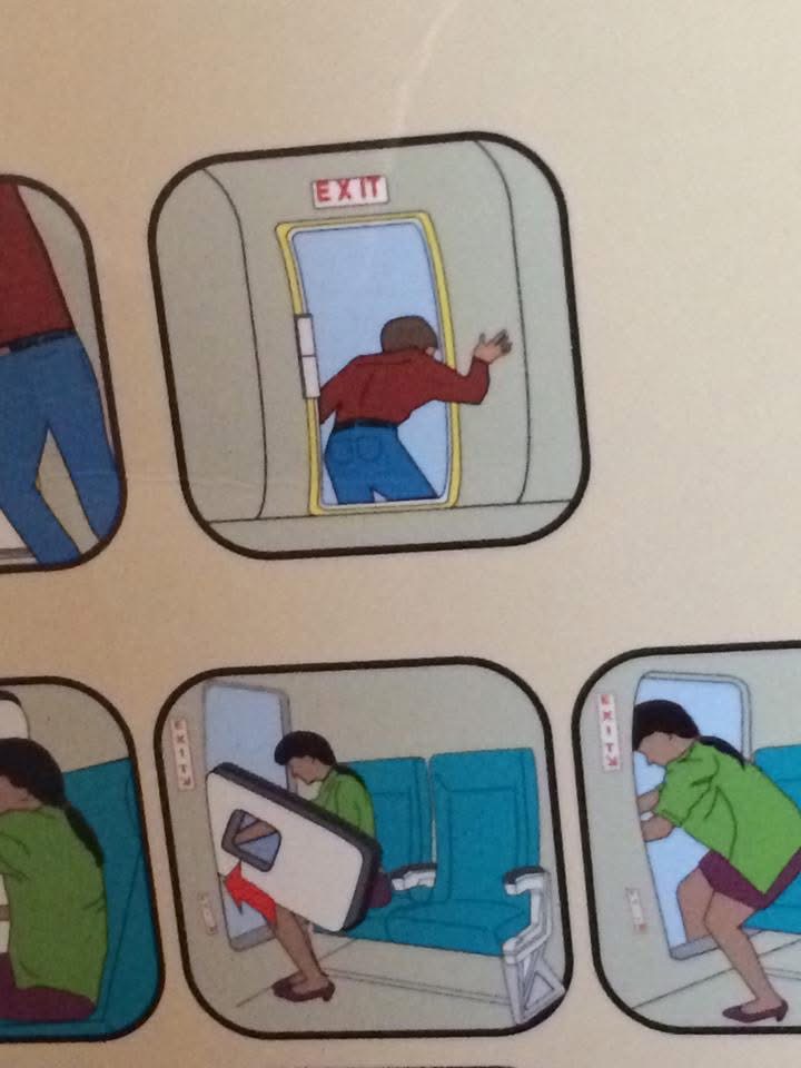 Airline safety card showing a woman carrying an exit door