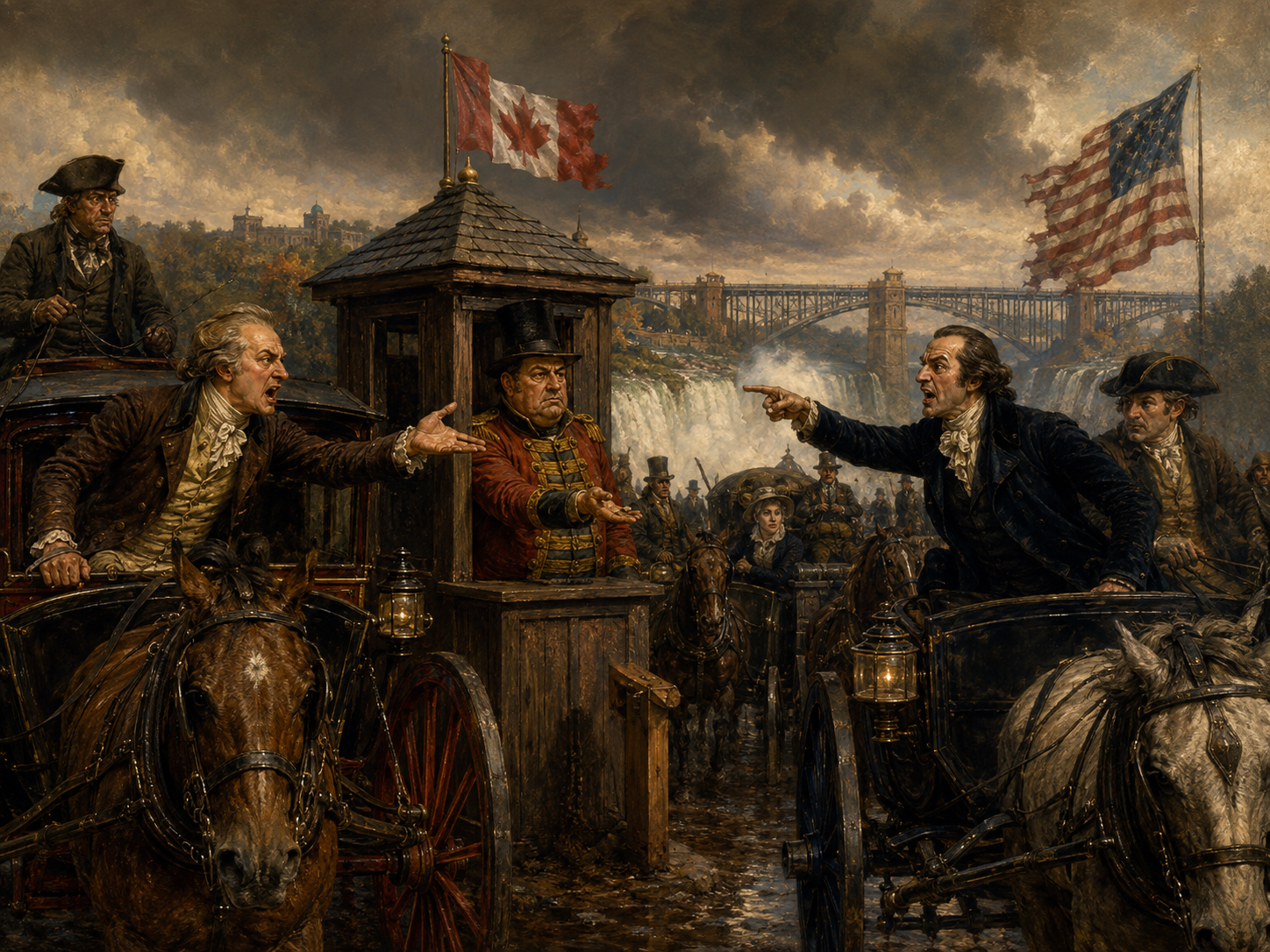 Satirical historical painting of Hamilton and Burr arguing at a Canadian toll plaza near Niagara