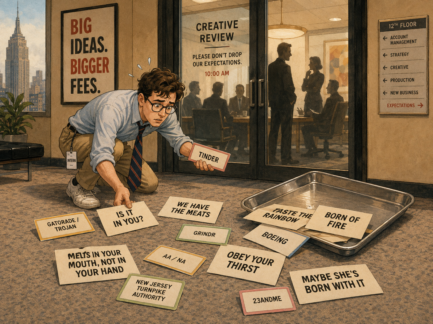 Frazzled advertising intern scrambling spilled slogan cards outside a creative review meeting