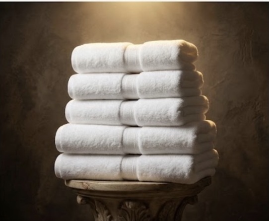 A reverently lit stack of pristine white bath towels