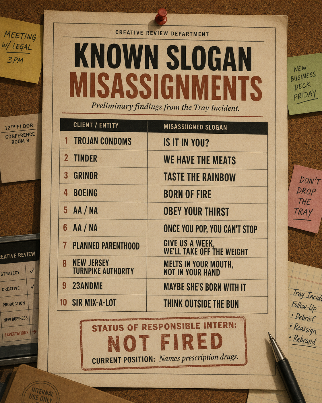Mock internal agency memo listing known slogan misassignments from the tray incident