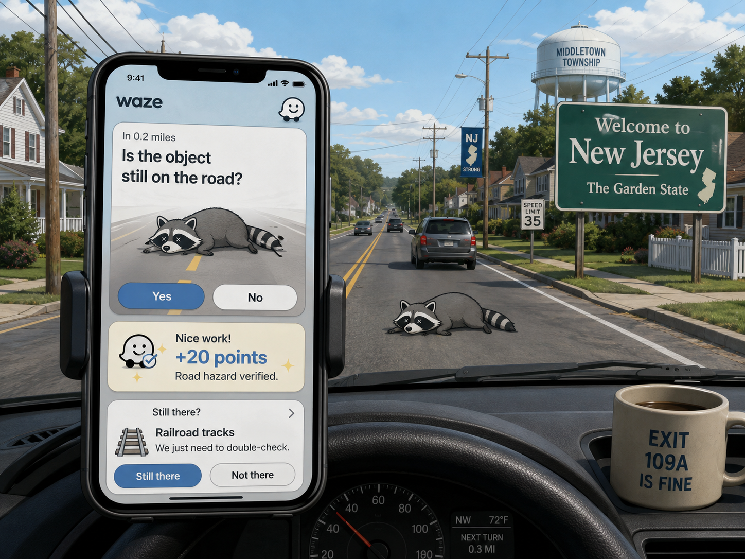 Waze road-hazard verification screen awarding points for confirming a raccoon remains on the road